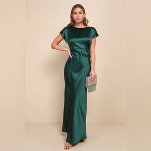 Lulus Captivating Presence Forest Green Satin Cowl Back Maxi Dress